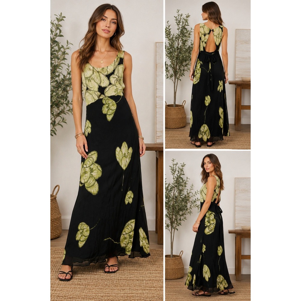 Vintage 90s Whimsigoth Botanical Floral Rayon Maxi Dress Open Back Olivia